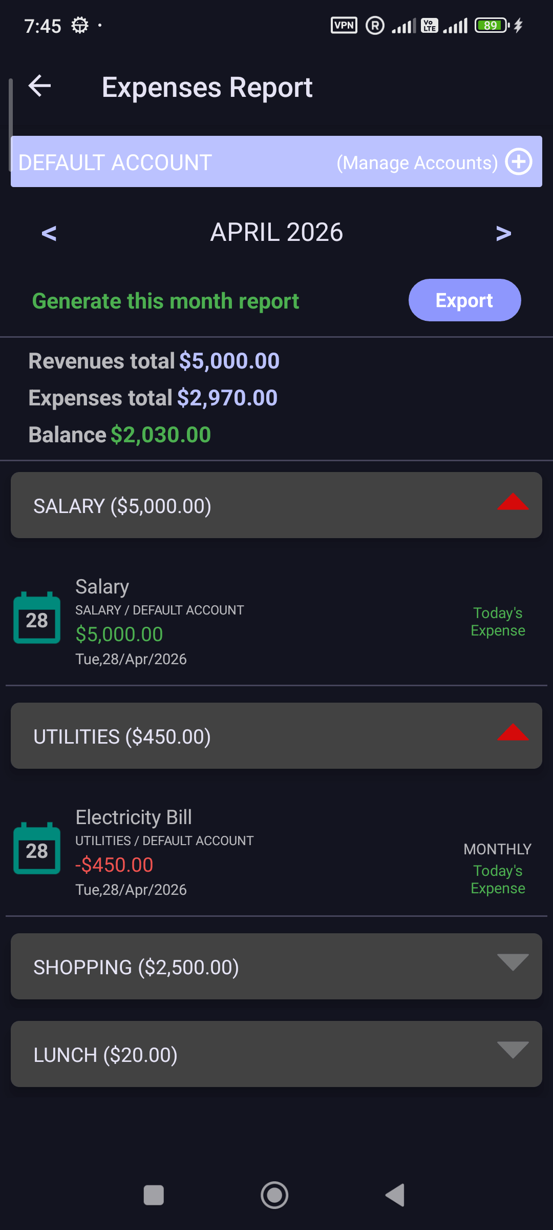 Expense category list with amounts in Simple Budget