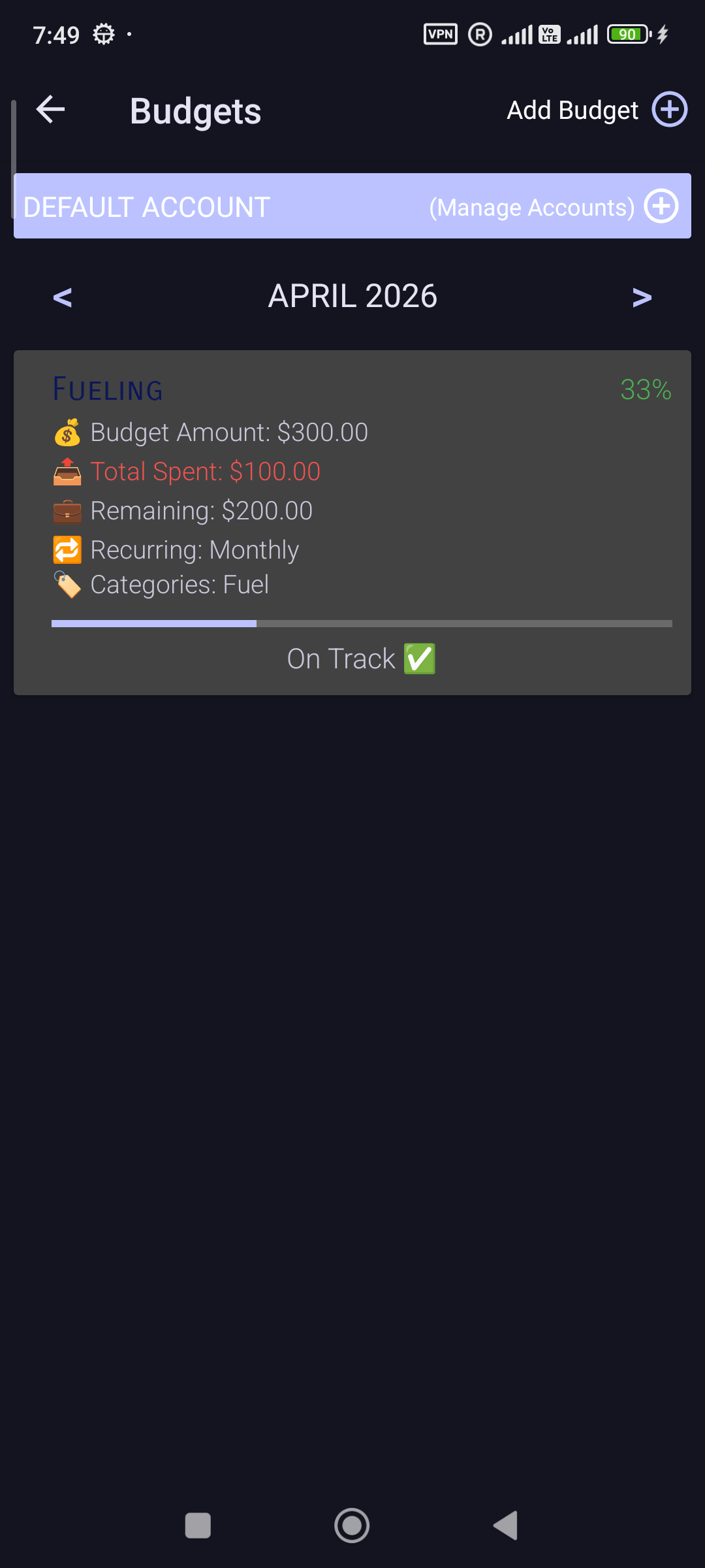 Monthly income, expense, and balance summary in Simple Budget