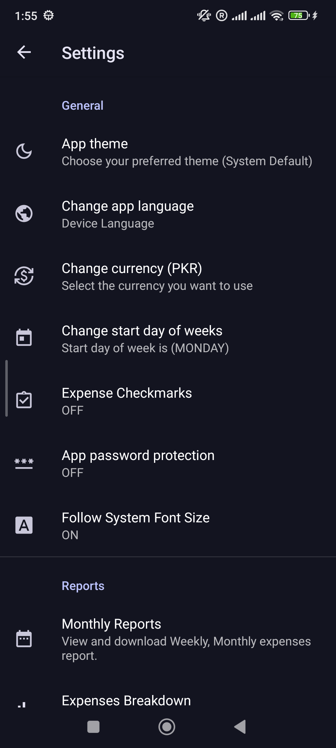 Simple Budget settings screen
